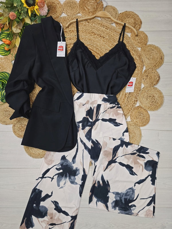 Top in raso con pizzo scollo a V - Nero - Level Stores
