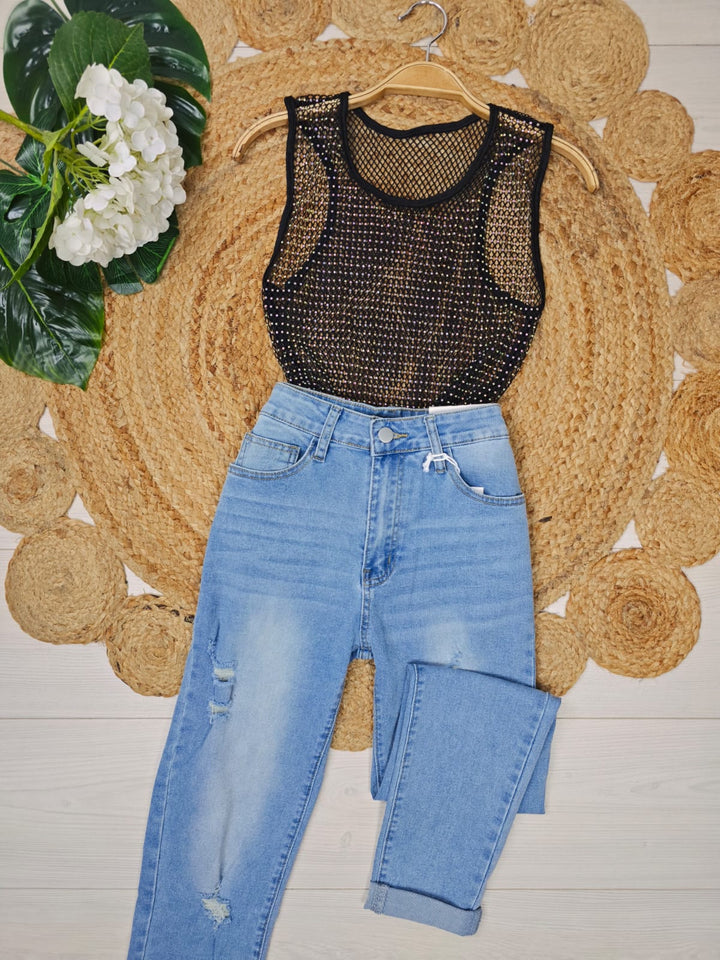 Top in rete strass trasparente Sexy - Nero - Level Stores