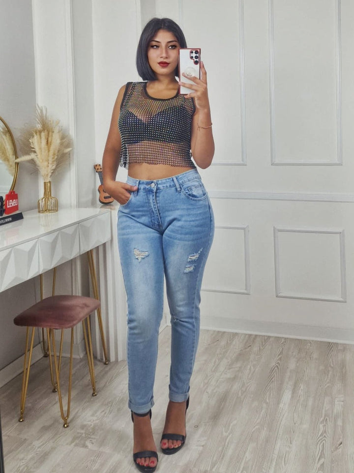 Top in rete strass trasparente Sexy Nero Level Stores