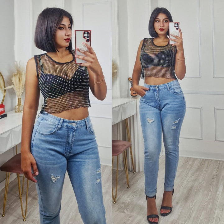 Top in rete strass trasparente Sexy Nero Level Stores
