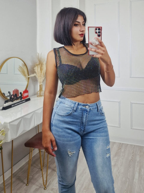Top in rete strass trasparente Sexy Nero Level Stores
