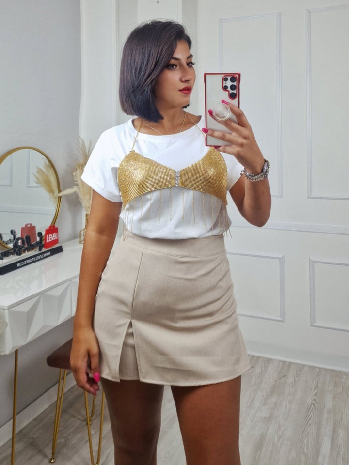 top modello corto con catena con paillettes trasparente Nero Level Stores