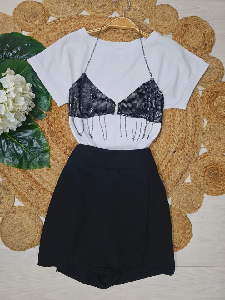 top modello corto con catena con paillettes trasparente - Nero - Level Stores