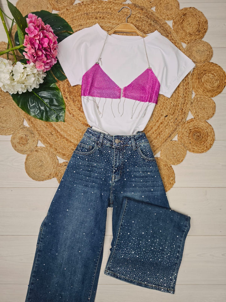 top modello corto con catena con paillettes trasparente - Fucsia - Level Stores