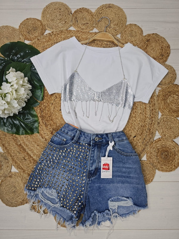 top modello corto con catena con paillettes trasparente - Argento - Level Stores