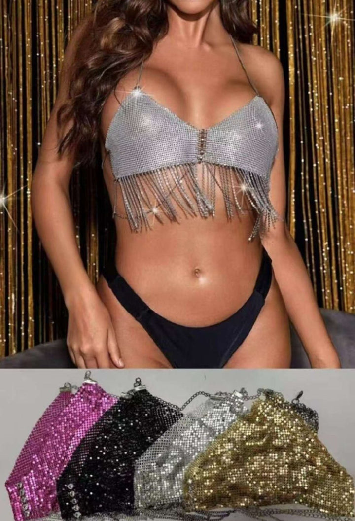 top modello corto con catena con paillettes trasparente - Fucsia - Level Stores