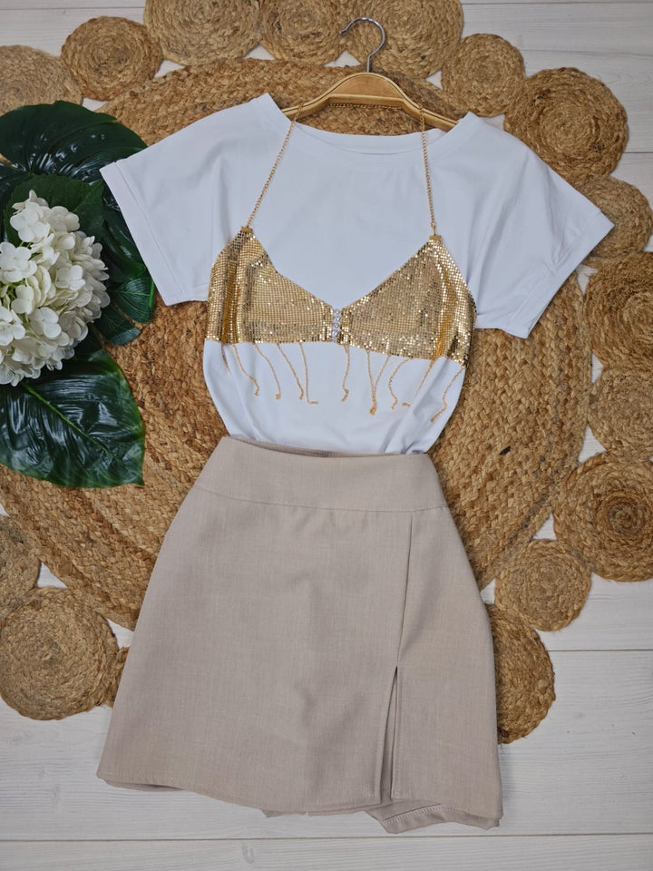 top modello corto con catena con paillettes trasparente - Oro - Level Stores