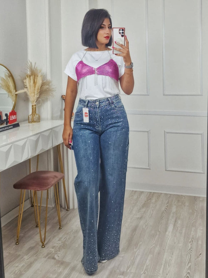 top modello corto con catena con paillettes trasparente Fucsia Level Stores
