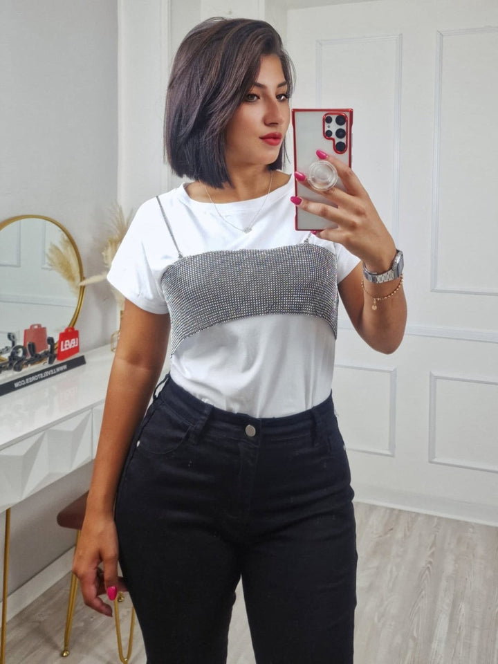 top modello corto con catena strass trasparente Nero Level Stores
