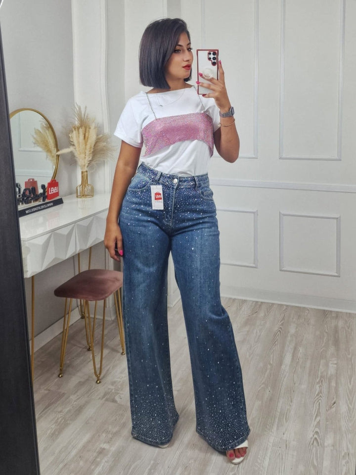top modello corto con catena strass trasparente Celeste Level Stores