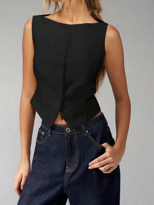 Top smanicato con bottoni sagomato Nero Level Stores