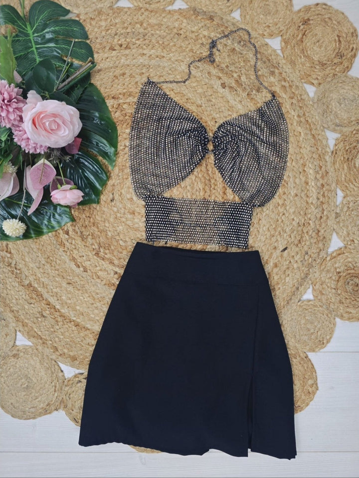 Top strass con catena trasparente Sexy - Nero - Level Stores