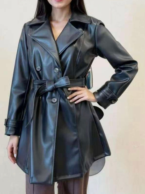 Trench in ecopelle rever classico con bottone manica lunga inclusa la cintura Nero Level Stores