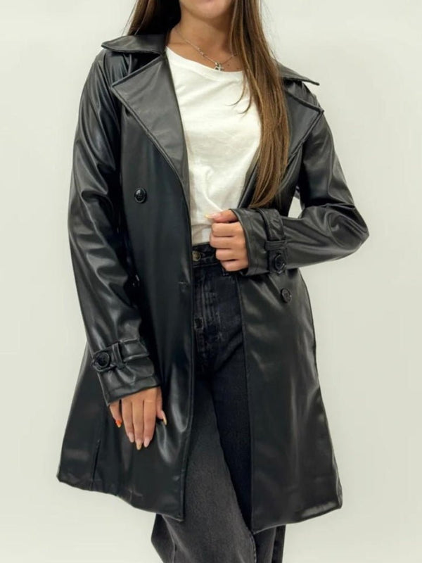 Trench in ecopelle rever classico con bottone manica lunga inclusa la cintura Nero Level Stores