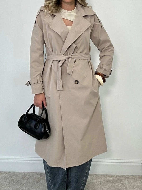 Trench lungo con rever classico, maniche lunghe con bottone e cintura inclusa Beige Level Stores