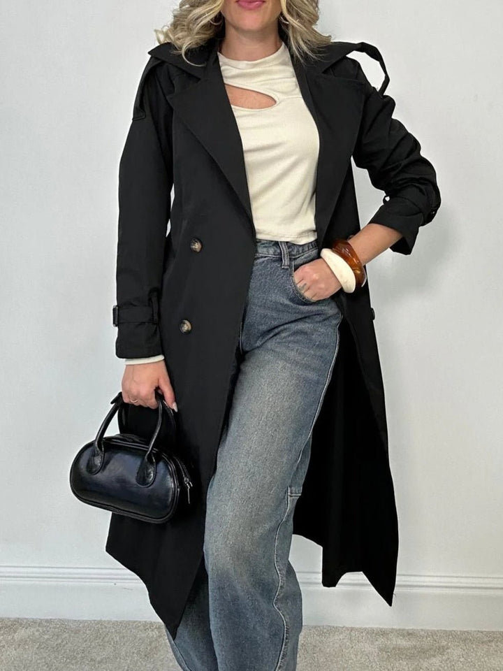 Trench lungo con rever classico, maniche lunghe con bottone e cintura inclusa Camel Level Stores