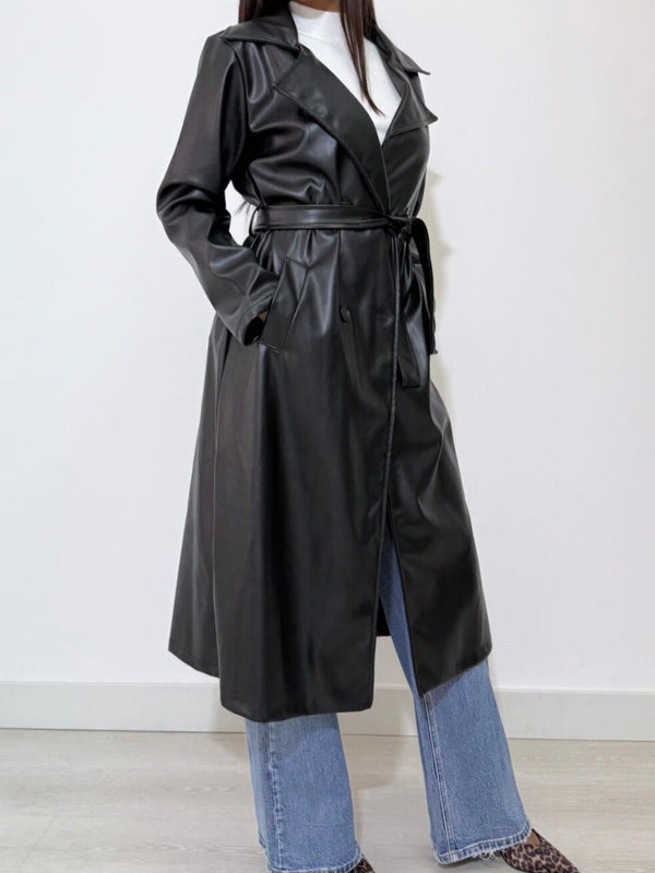 Trench lungo in ecopelle con rever classico maniche lunghe con bottone e cintura inclusa Nero Level Stores