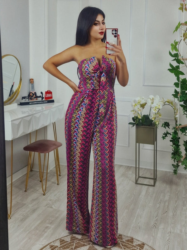 Tuta a fascia con coppe preformate con fiocco regolabile in tessuto strutturato leggero Multicolore Pantalone palazzo Elasticizzato - Viola - Level Stores