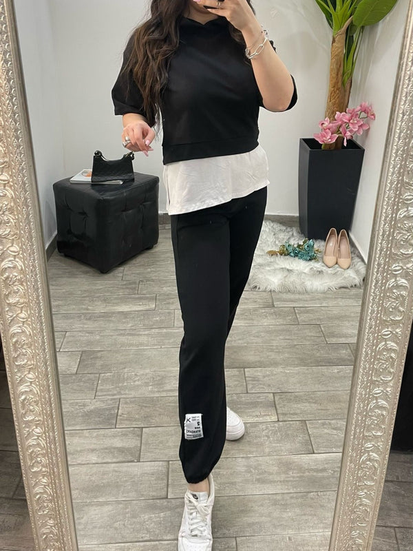Tuta completo di cotone felpa con cappuccio pantalone elastico in vita - Nero - Level Stores