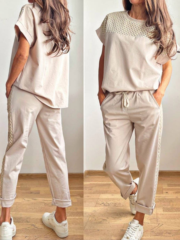 Tuta completo di cotone felpa con cappuccio pantalone elastico in vita - Beige - Level Stores