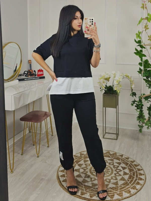 Tuta completo di cotone felpa con cappuccio pantalone elastico in vita - Nero - Level Stores