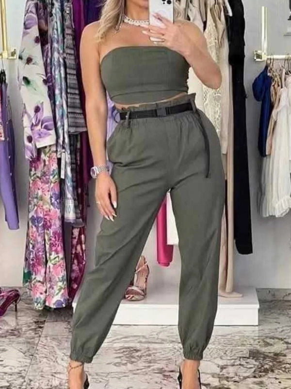 Tuta completo top a fascia e pantalone di cotone inclusa la cintura Tasche Sportivo - Verde militare - Level Stores