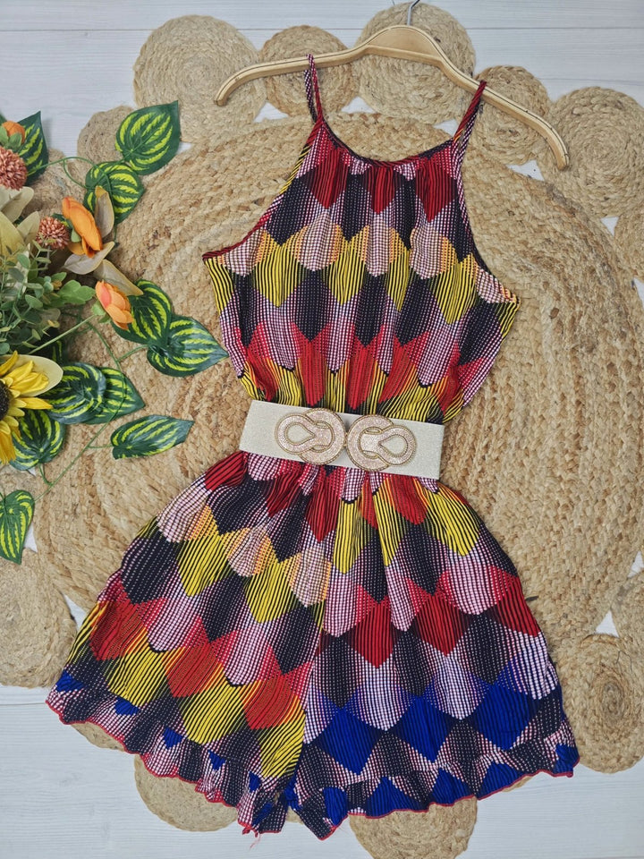 Tuta con bretelle leggero con fantasia astratta in Multicolore volant Rosso Level Stores