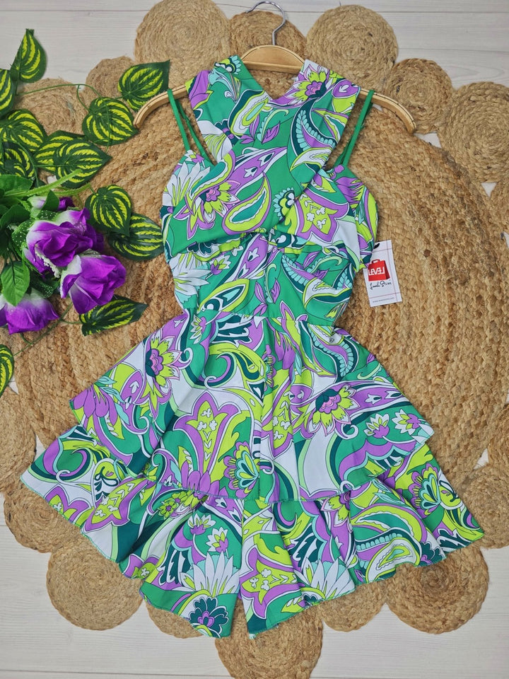 Tuta con coppe preformate con bretelle con fantasia astratta e colletto volant estiva leggero casual Verde Level Stores