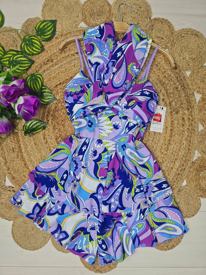 Tuta con coppe preformate con bretelle con fantasia astratta e colletto volant estiva leggero casual Lilla Level Stores