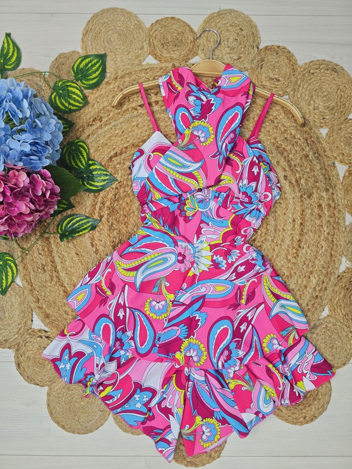 Tuta con coppe preformate con bretelle con fantasia astratta e colletto volant estiva leggero casual Fucsia Level Stores