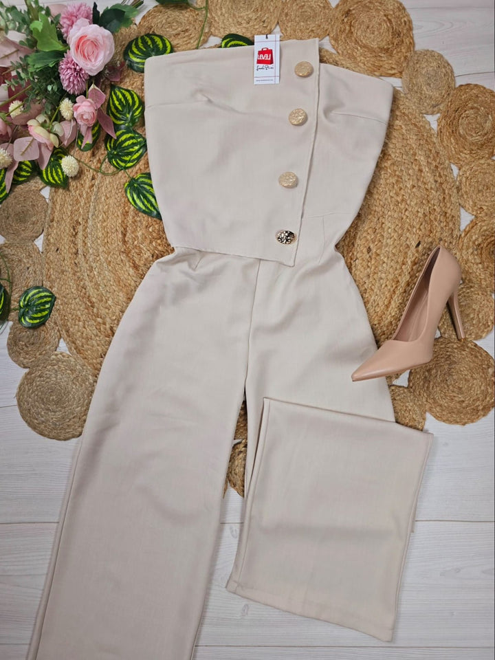 Tuta con pantalone a palazzo a fascia bottoni elasticizzato - Beige - Level Stores