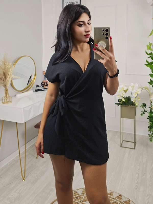 Tuta da donna in chiffon Scollo a v e colletto con cintura a maniche corte estiva Leggero casual - Nero - Level Stores