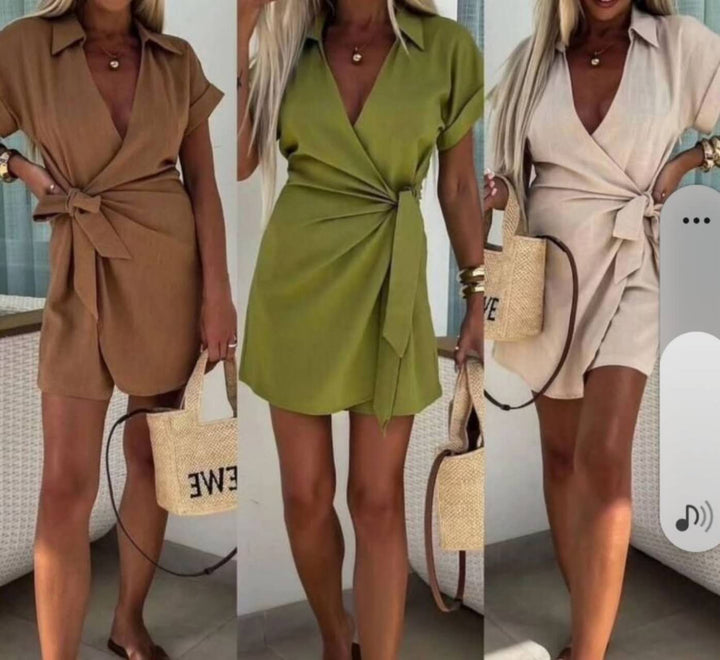 Tuta da donna in chiffon Scollo a v e colletto con cintura a maniche corte estiva Leggero casual - Verde militale - Level Stores