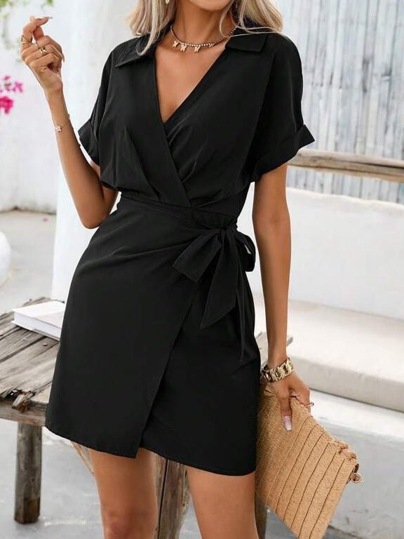 Tuta da donna in chiffon Scollo a v e colletto con cintura a maniche corte estiva Leggero casual - Nero - Level Stores