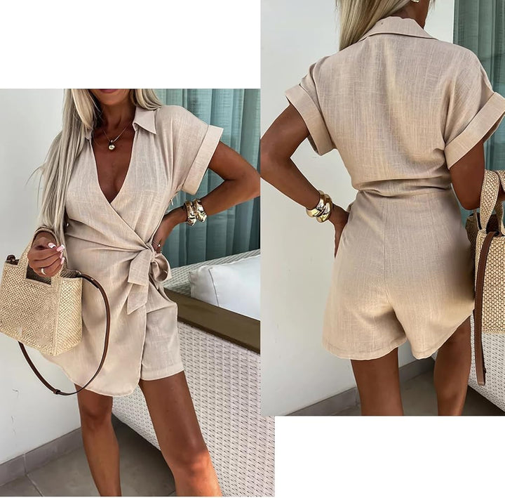 Tuta da donna in chiffon Scollo a v e colletto con cintura a maniche corte estiva Leggero casual - Verde militale - Level Stores