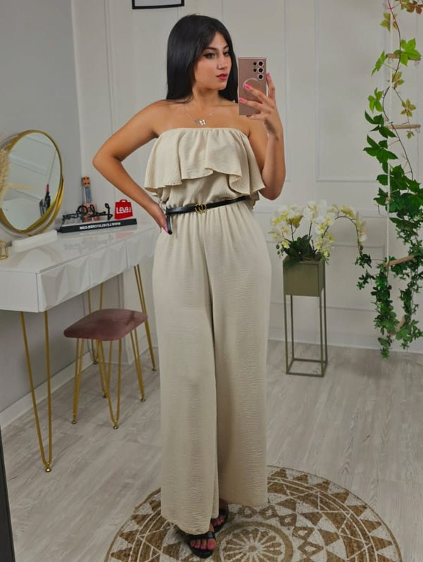 Tuta in chiffon a fascia e balza pantalone palazzo Morbida inclusa la cintura - Nero - Level Stores