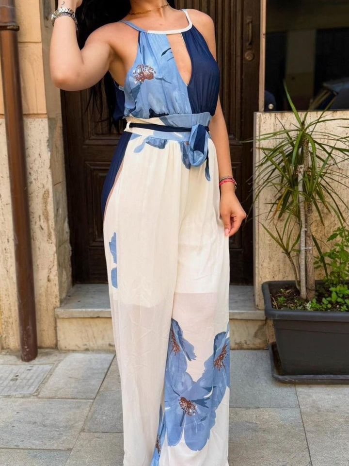Tuta in chiffon con fantasia floreale Pantalone palazzo con cintura - Blu - Level Stores