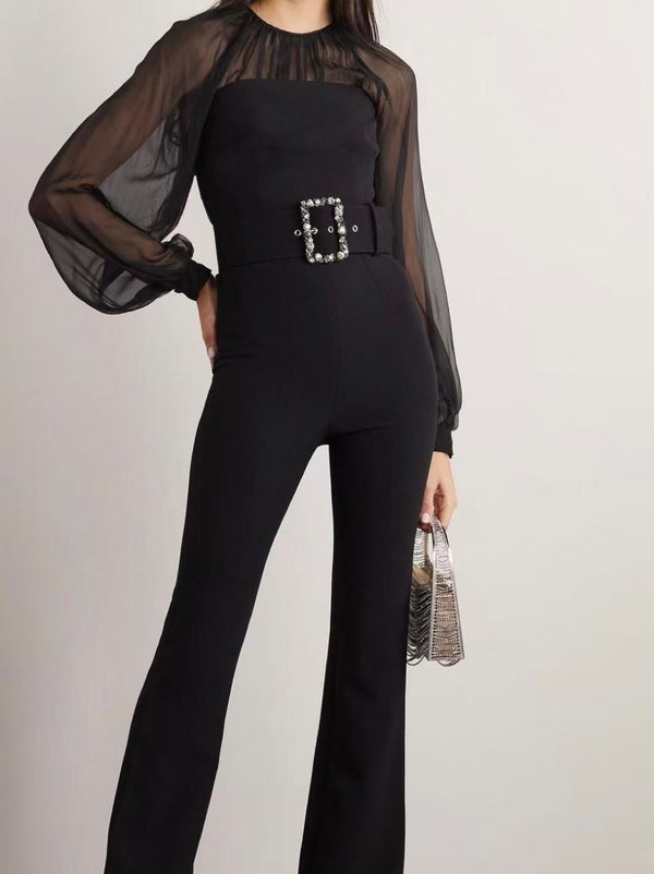 Tuta in chiffon con manica sbuffo con pantalone a zampa inclusa la cintura elasticizzato elegante Nero Level Stores