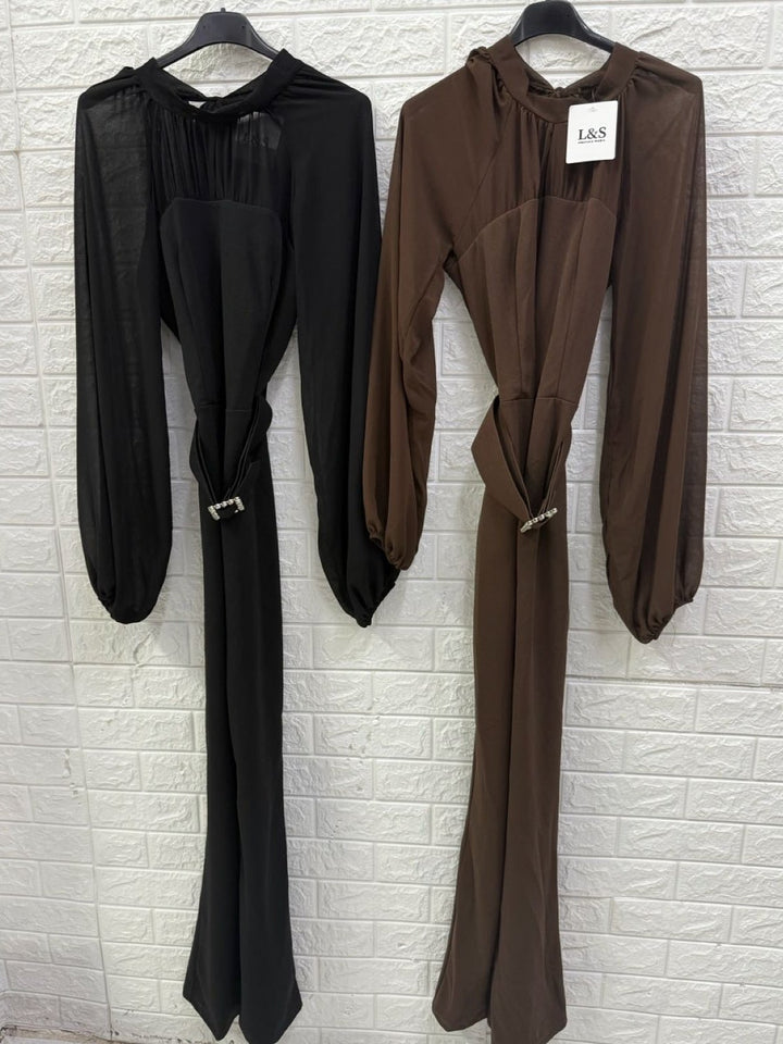 Tuta in chiffon con manica sbuffo con pantalone a zampa inclusa la cintura elasticizzato elegante Marrone Level Stores