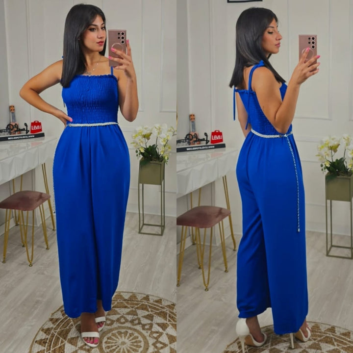 Tuta in chiffon con pantalone a palazzo a fascia elasticizzato - Celeste - Level Stores