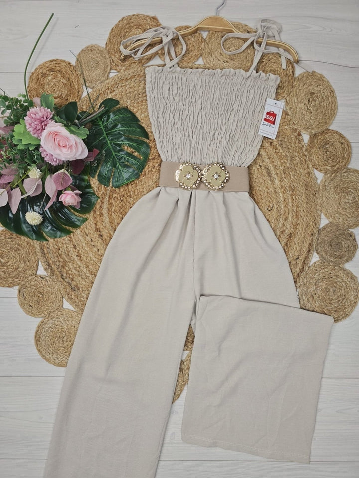Tuta in chiffon con pantalone a palazzo a fascia elasticizzato - Beige - Level Stores
