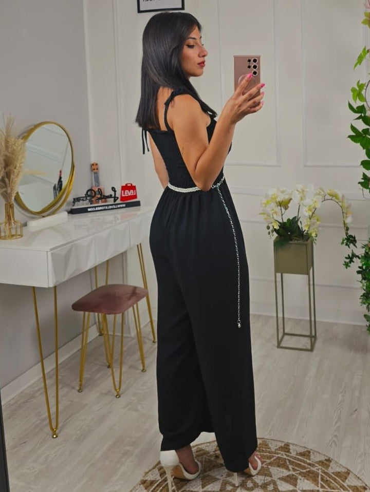 Tuta in chiffon con pantalone a palazzo a fascia elasticizzato - Celeste - Level Stores