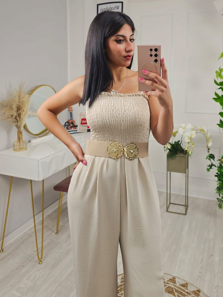Tuta in chiffon con pantalone a palazzo a fascia elasticizzato - Celeste - Level Stores