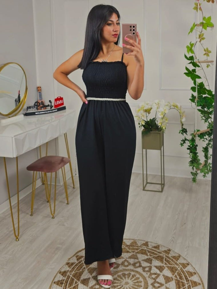 Tuta in chiffon con pantalone a palazzo a fascia elasticizzato - Nero - Level Stores