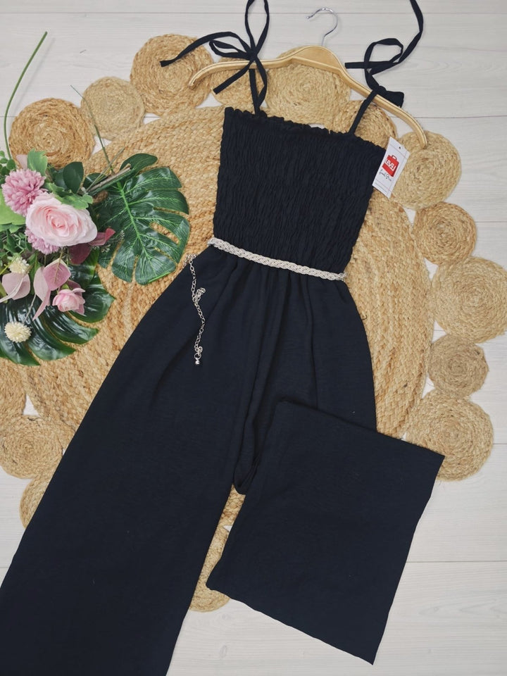 Tuta in chiffon con pantalone a palazzo a fascia elasticizzato - Nero - Level Stores