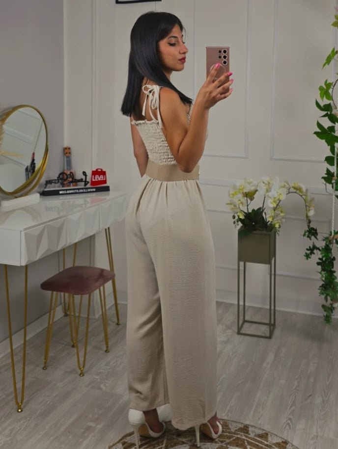 Tuta in chiffon con pantalone a palazzo a fascia elasticizzato - Celeste - Level Stores
