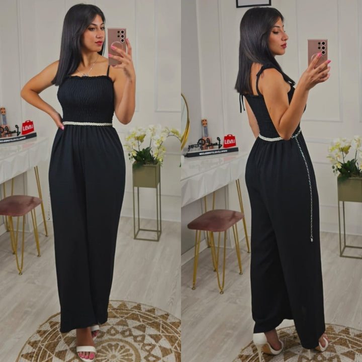 Tuta in chiffon con pantalone a palazzo a fascia elasticizzato - Celeste - Level Stores