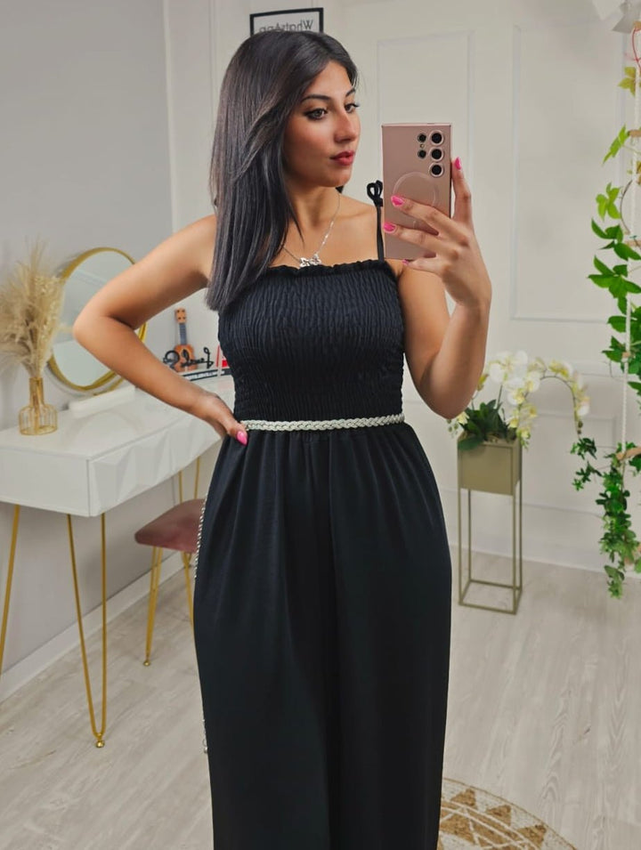 Tuta in chiffon con pantalone a palazzo a fascia elasticizzato - Celeste - Level Stores