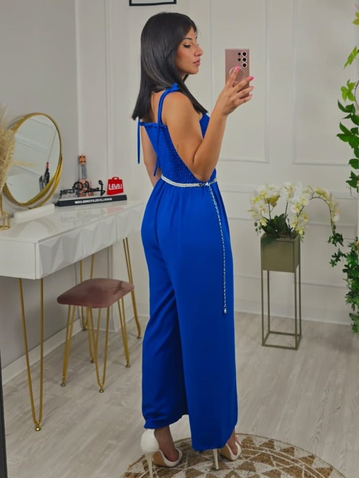Tuta in chiffon con pantalone a palazzo a fascia elasticizzato - Celeste - Level Stores