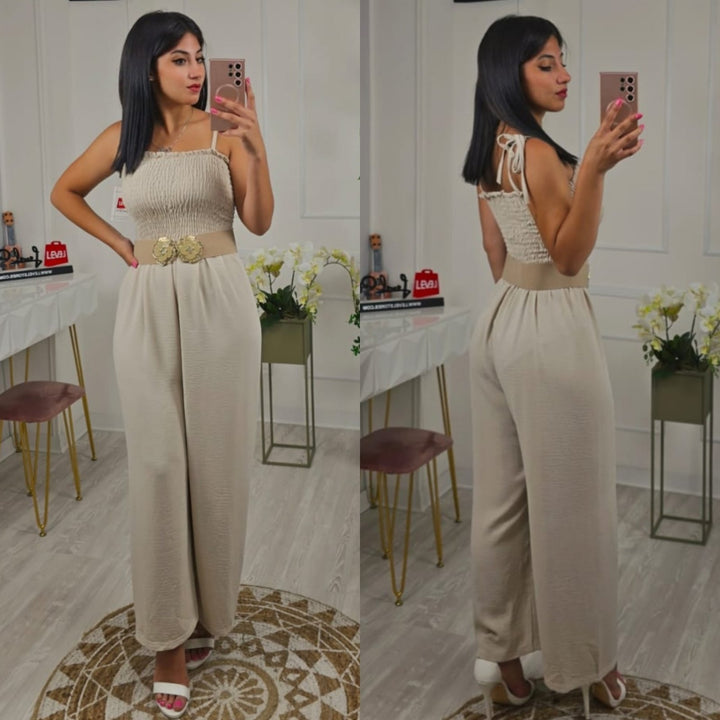 Tuta in chiffon con pantalone a palazzo a fascia elasticizzato - Celeste - Level Stores